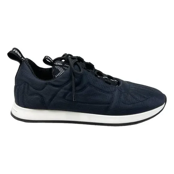 Fendi Trainers Navy Blue Quilted Nylon FFreedom‎ Logo White Sole Sneakers- 37.5
